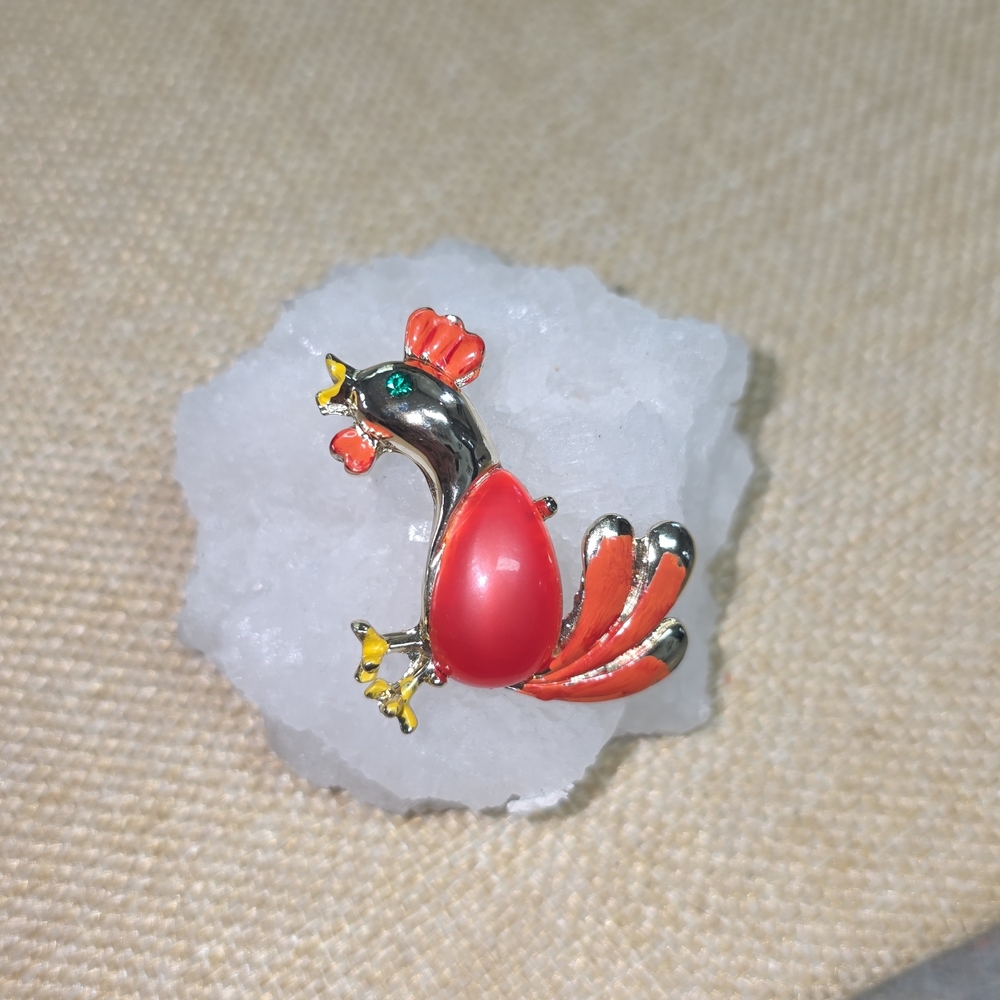 Vintage Gold And Orange First Rooster Brooch